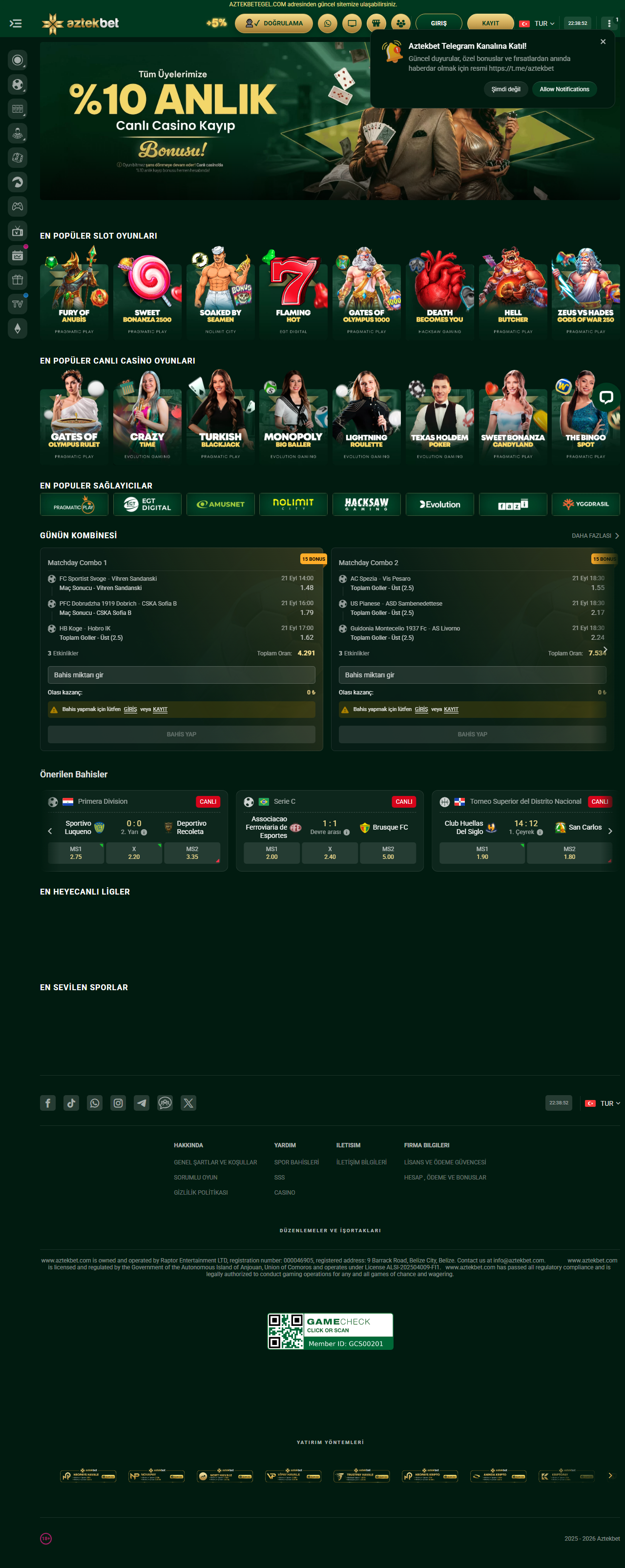 AZTEKBET ana sayfa görünümü